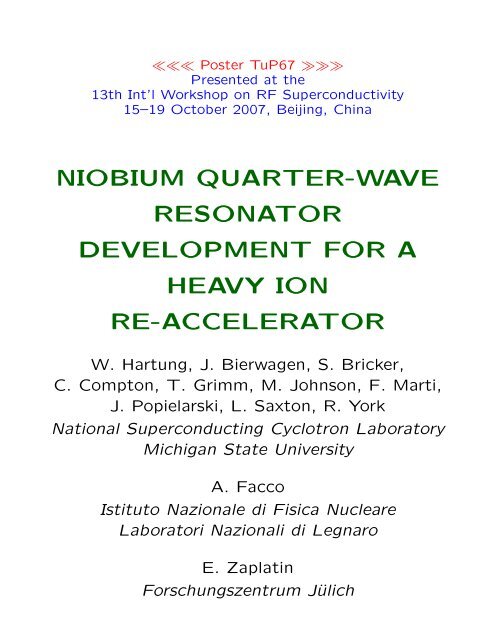niobium quarter-wave resonator development for a heavy ion re ...