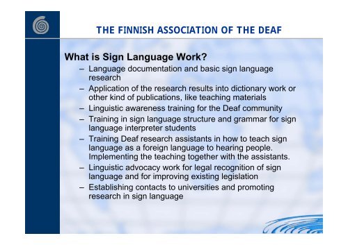 SIGN LANGUAGE WORK - World Federation of the Deaf