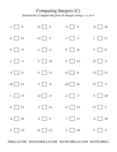 Integers Worksheet -- Comparing Integers from -15 to 15