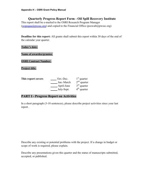 Quarterly Progress Report Form Oil Spill Recovery Institute