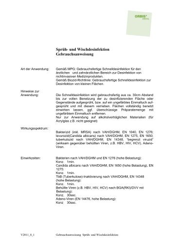 Sprüh- und Wischdesinfektion Gebrauchsanweisung - Orbis Dental