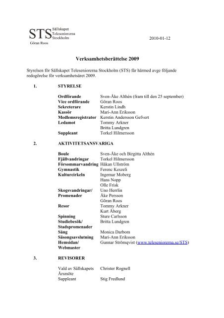 VerksamhetsberÃ¤ttelse 2009 - Teleseniorernas FÃ¶rbund, TF