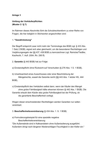 Anlage 3 Umfang der VerkÃ¤uferpflichten (Muster 2 / Â§ 7) Im Rahmen ...