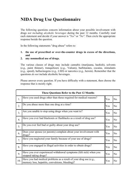 NIDA Drug Use Questionnaire