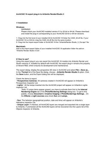 ArchiCAD 16 export plug-in to Artlantis Render/Studio 3 1 - Graphisoft