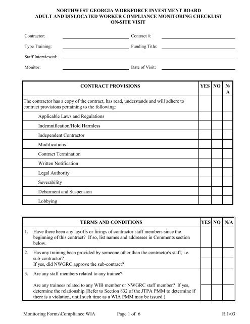 Adult &amp; Dislocated Worker Compliance Monitoring Checklist