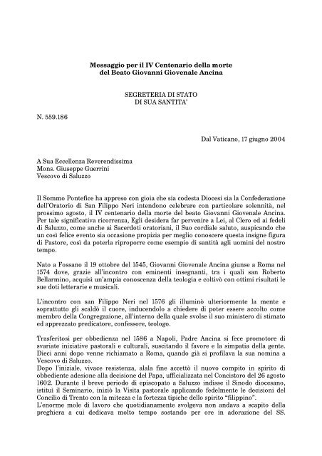 Stampa la lettera in formato PDF - Confederazione dell'Oratorio di ...