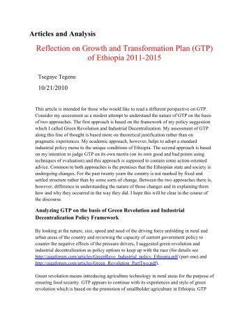 Reflection on Growth and Transformation Plan (GTP) of Ethiopia ...