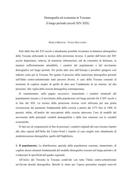 Demografia ed economia in Toscana: il lungo ... - Paolo Malanima