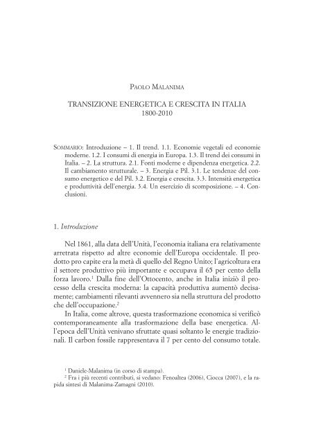 Transizione energetica e crescita in Italia 1800 ... - Paolo Malanima