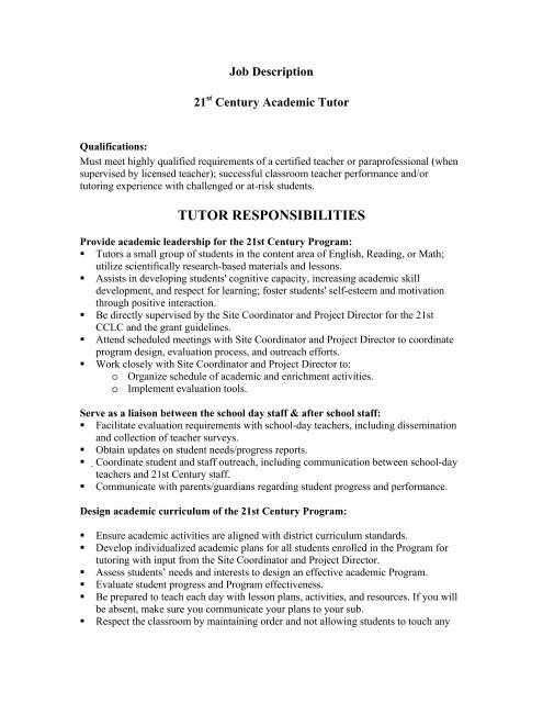 21st Century Academic Tutor Job Description - Oberlin City Schools