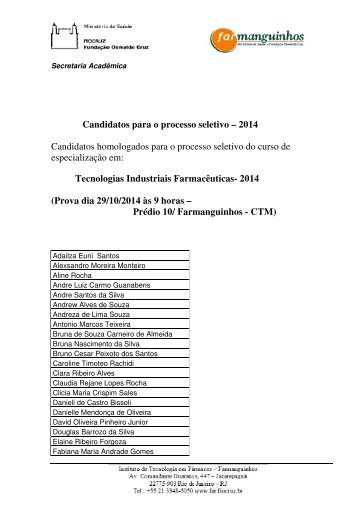 Candidatos para o processo seletivo â 2014 ... - Farmanguinhos