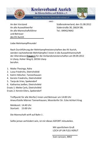 An den Vorstand SÃ¼dbrookmerland, den 31.08.2012 An alle ...