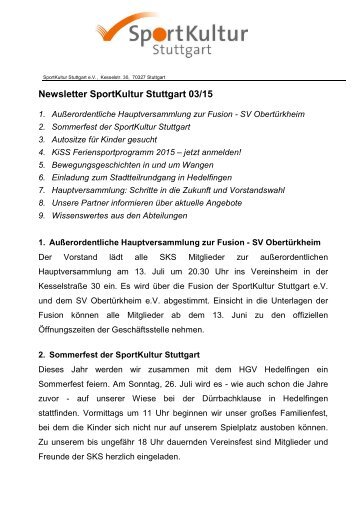 Newsletter SportKultur Stuttgart 03/15