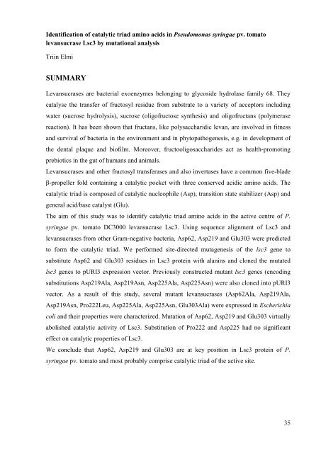 Pseudomonas syringae DC3000 levaansukraasi Lsc3 katalÃ¼Ã¼tilise ...