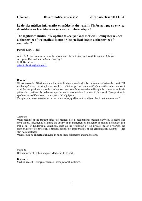 Article - Journal International de SantÃ© au Travail