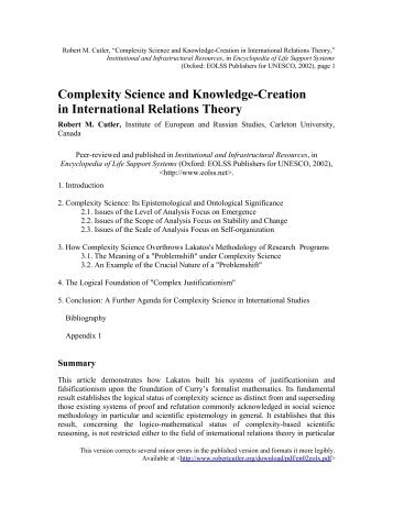 Complexity Science and Knowledge-Creation in ... - Robert M. Cutler