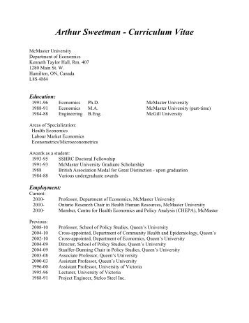 Arthur Sweetman - Curriculum Vitae - McMaster University