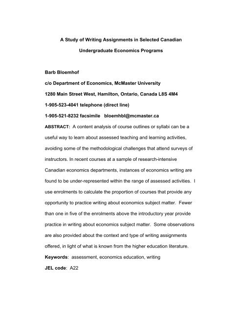 A Study of Writing Assignments in Selected Canadian - McMaster ...