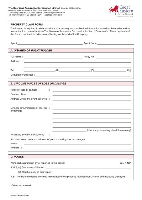 Property Claim Form - Great Eastern Life