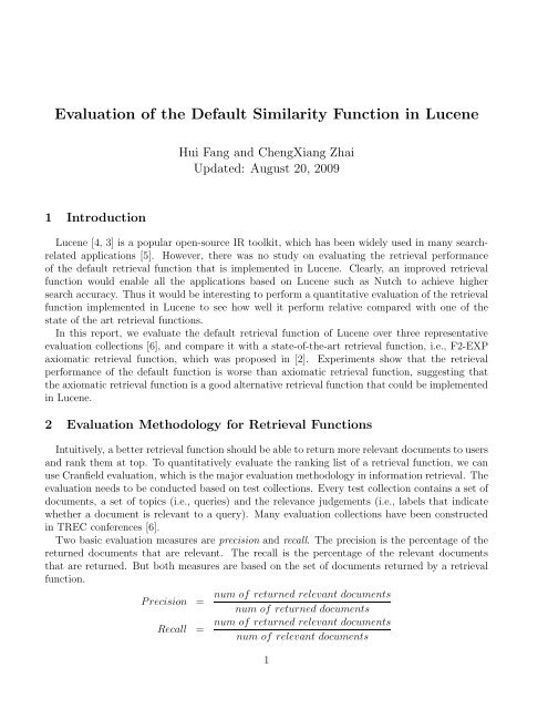 Evaluation of the Default Similarity Function in Lucene