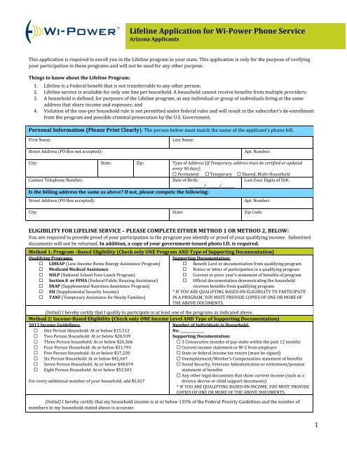 Lifeline Application for Wi-Power Phone Service