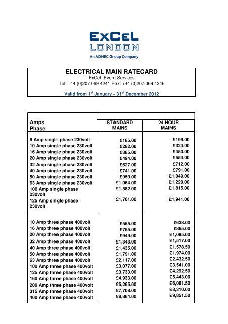 ELECTRICAL MAIN RATECARD - ExCeL London