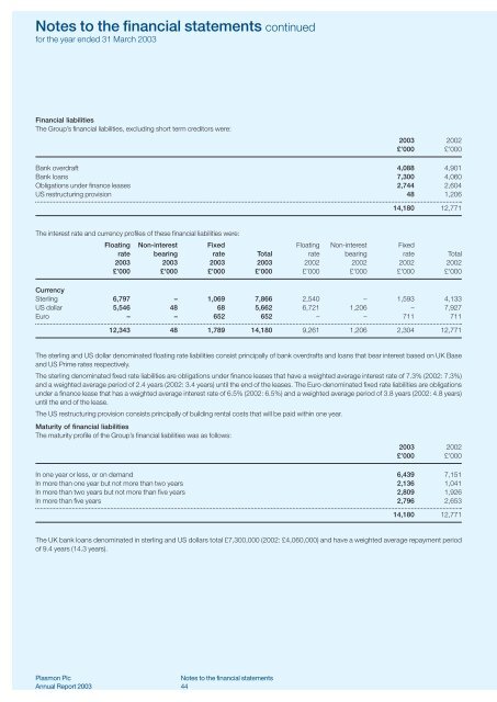 Notes to the financial statements - Plasmon