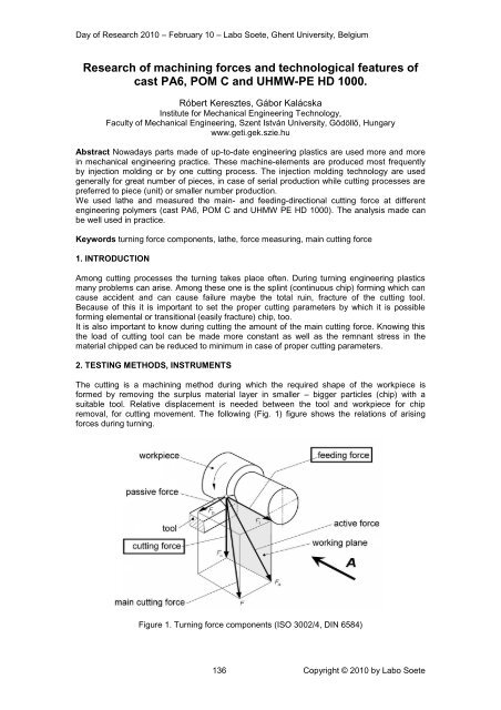 Machining forces and technological features of cast PA6, POM C ...