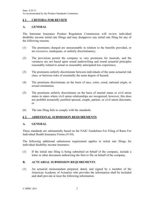 Standards for Individual Disability Income Insurance Initial Rate Filings