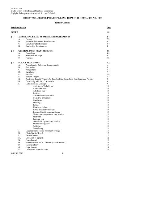 core standards for individual long term care insurance policies