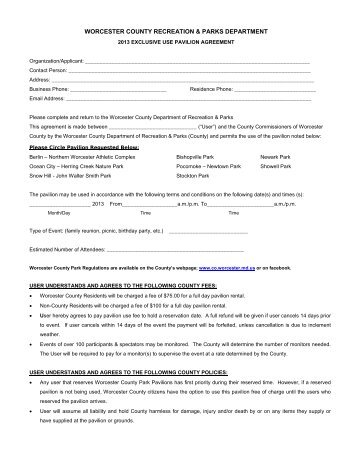 2013 Use Pavillion Agreement - Worcester County
