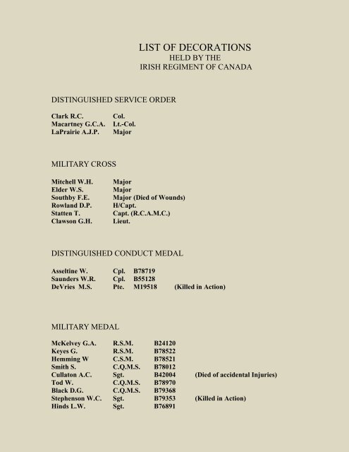 Honours and Awards - The Irish Regiment Of Canada