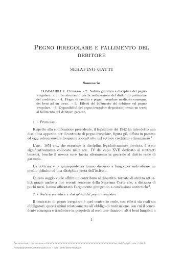 Pegno irregolare e fallimento del debitore - Piccin