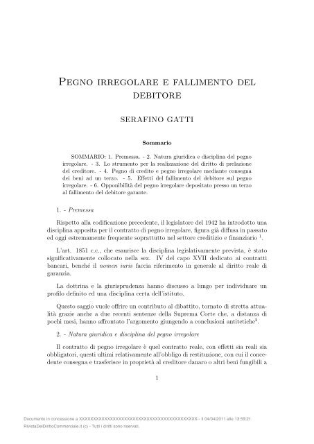 Pegno irregolare e fallimento del debitore - Piccin