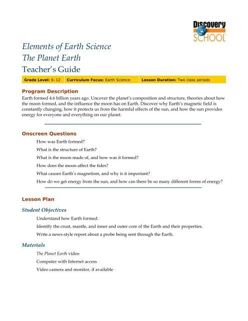 Elements of Earth Science The Planet Earth - Free Teacher Resources