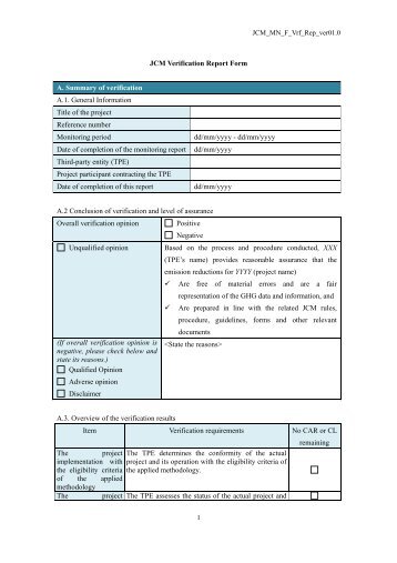 JCM Verification Report Form A. Summary of verification A.1 ...