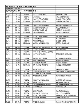 Servers Schedule - Church of St. Mary's