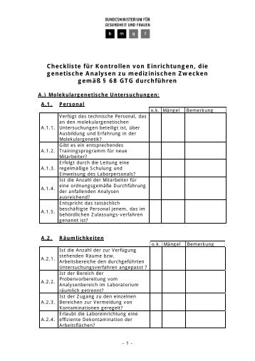 Checkliste fÃ¼r Kontrollen von Einrichtungen, die genetische ...