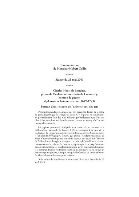 Communication de Monsieur Hubert Collin Séance du 23 mai 2003 ...