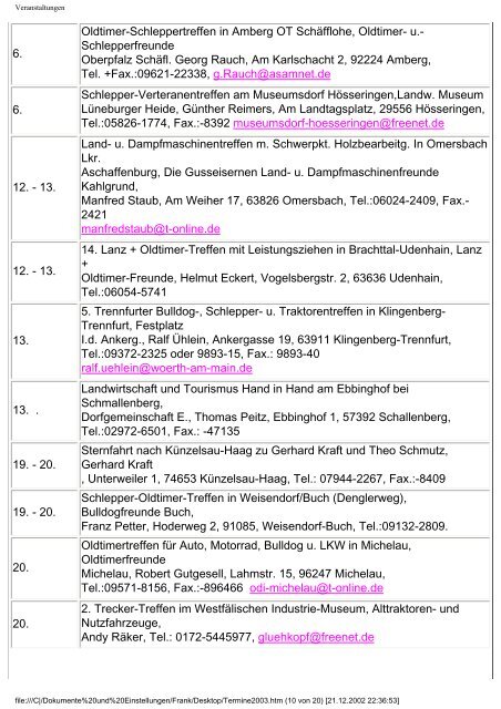 Veranstaltungshinweise 2003 - Holderfreunde.de