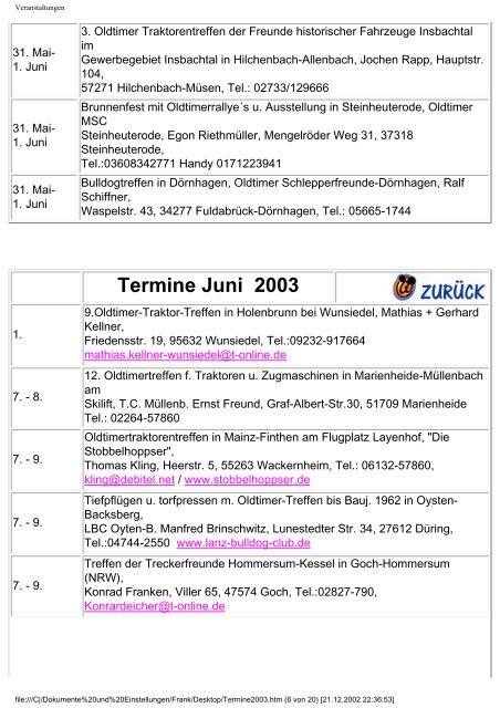 Veranstaltungshinweise 2003 - Holderfreunde.de