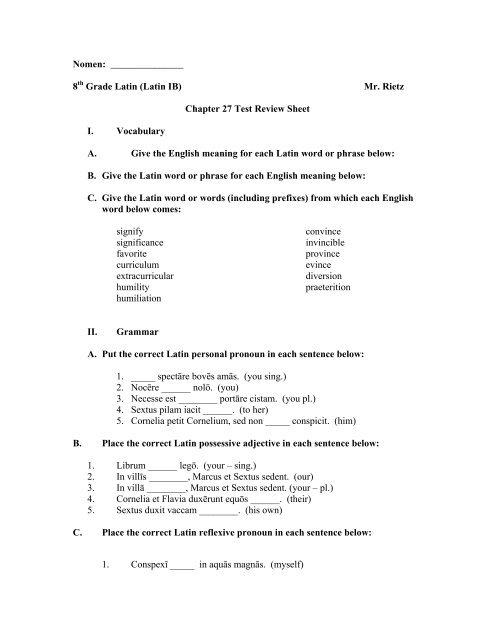 8 Grade Latin (Latin IB) Mr. Rietz Chapter 27 Test ... - Bgawebsites.org