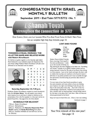 CONGREGATION BETH ISRAEL MONTHLY BULLETIN September ...