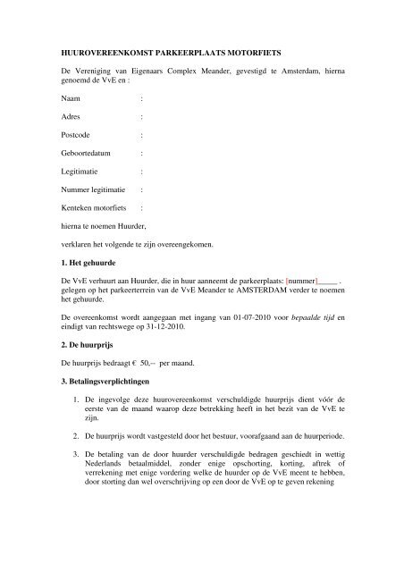 HUUROVEREENKOMST PARKEERPLAATS  Meander Portaal