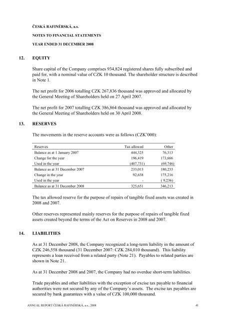 annUaL rEporT 2008 - ÄeskÃ¡ rafinÃ©rskÃ¡, as