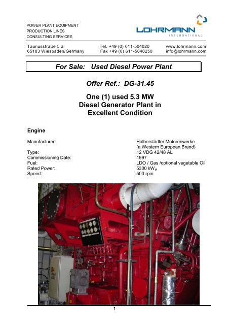 For Sale: Used Diesel Power Plant Offer Ref.: DG-31.45 ... - Lohrmann