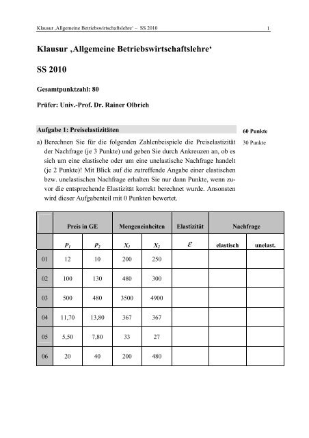 Klausur âAllgemeine Betriebswirtschaftslehre' SS 2010