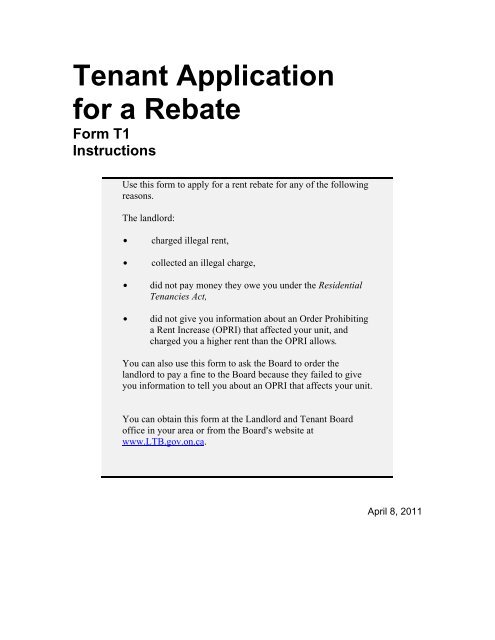 Tenant Application For A Rebate Form T1 Instructions Landlord 