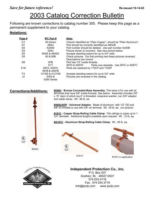 2003 Catalog Correction Bulletin - Independent Protection Company ...